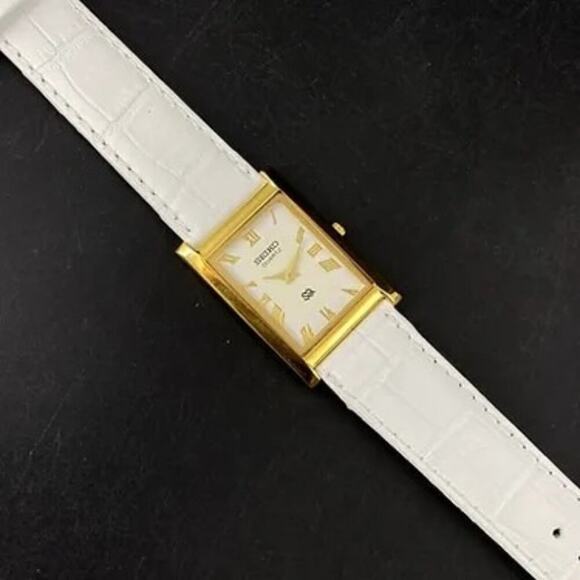 Vintage Style Seiko Quartz Mens Gold Watch & White  accents W/ Leather Strap - Picture 6 of 8